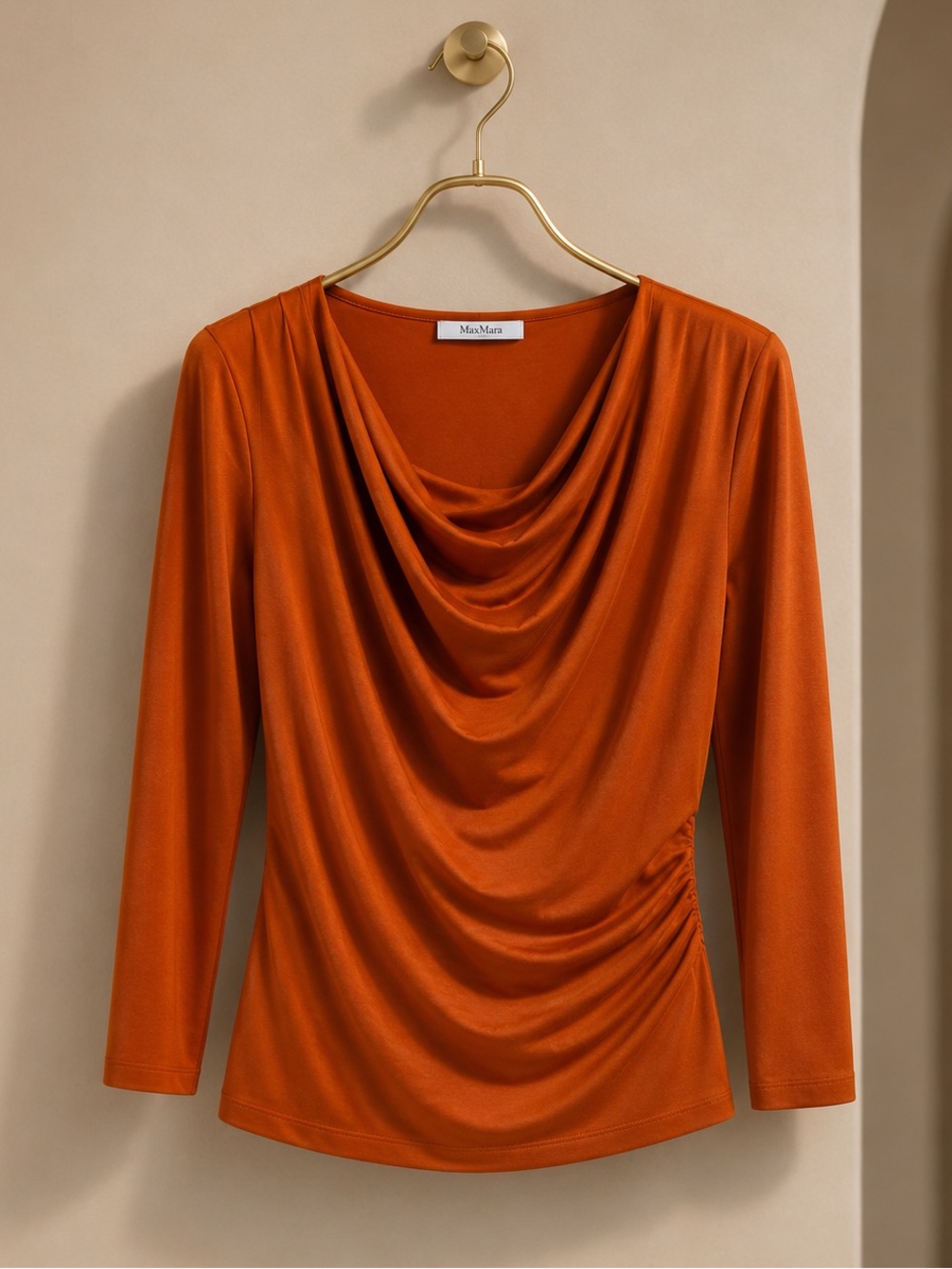MAX MARA FALL ORANGE COWL MINIMALIST CLASSIC 3/4 SLEEVE LUXURY DESIGNER TOP L - Picture 3 of 5